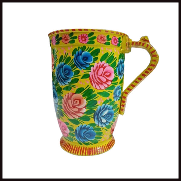 Side angle of floral truck art water jug – pink and blue flowers