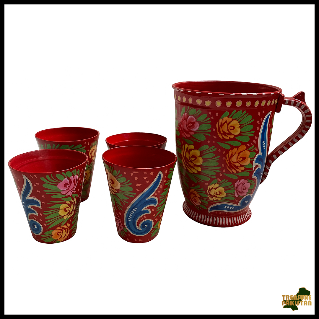 Red Truck Art Drinkware Set with 5 hand-painted mugs – front view