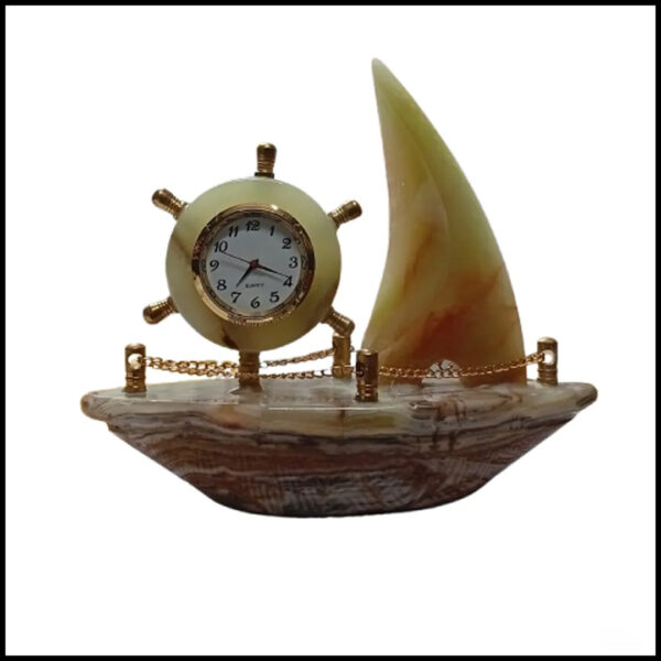 Handcrafted Onyx Marble Ship with Clock Size: 15cm - Image 2