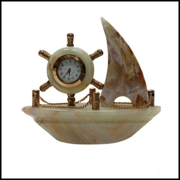 Handcrafted Onyx Marble Ship with Clock Size: 12cm - Image 2