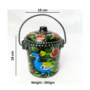 Truck Art Shiny Metal Bucket In Black Colour (Size : 18cm x 15cm), Traditional Art and Hand painted Bucket, Bucket with tight Lid on top , Black Metal Bucket, Best for people who loves Home Decor