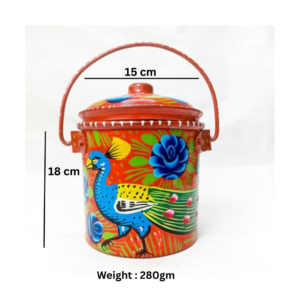 Traditional Milk Bucket With Elagant Design of Peacock (Size : 18cm x 15cm), Truck Art Hand painted Red Bucket, Best for Decorate your House, Offices and Garden , Lid Tight Bucket , Metal Bucket