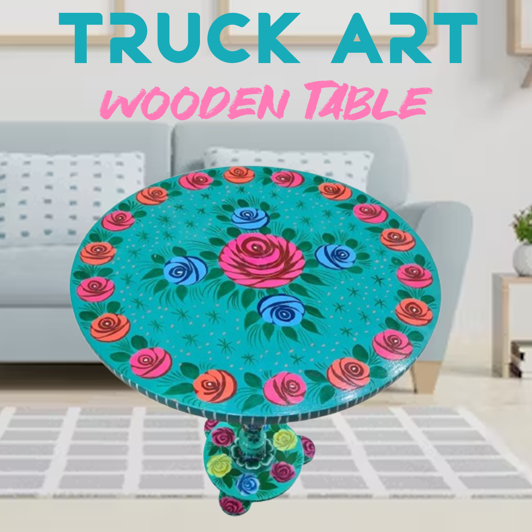 Front view of Floral Truck Art Wooden Table