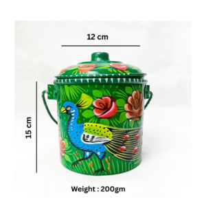 Metal Traditional Art Milk Bucket (Size : 15cm x 12cm) Unique Peacock Design Bucket in Green Colour, Traditional Pakistani Truck Art Bucket with Lid, Best for Home decor, Hand Crafted Bucket