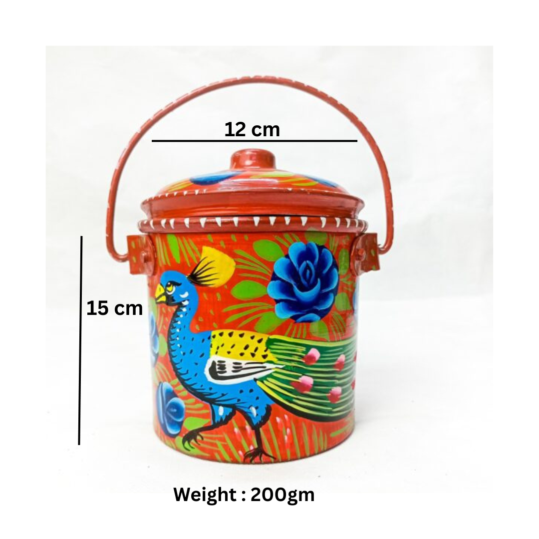 Shiny Metal Red Bucket With Truck Art Peacock Design (Size : 15cm x 12cm) Traditional Art Bucket, Hand Painted Design, Bucket with Lid, Best for Home decor, Hand Crafted Bucket - Image 2