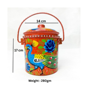 Shiny Metal Red Bucket With Truck Art Peacock Design (Size : 17cm x 14cm) Traditional Art Bucket, Hand Painted Design, Bucket with Lid, Best for Home decor, Hand Crafted Bucket