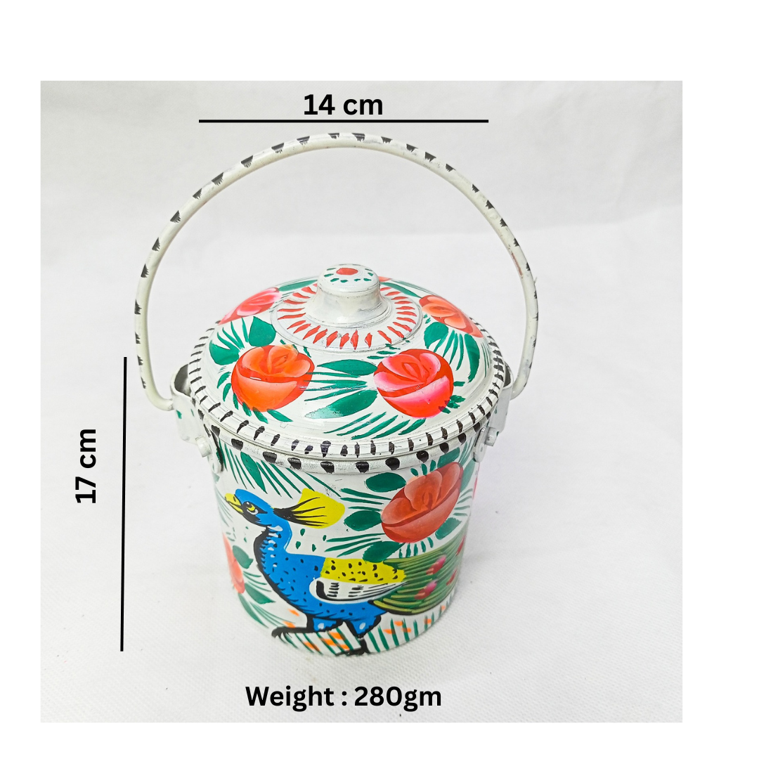 Pakistani Traditional White Milk Bucket in Metal (Size : 17cm x 14cm), Truck Art Bucket With Unique Design And Colour, Bucket with Lid, Truck Art Peacock Design White Bucket, Best Gift for Decor - Image 2