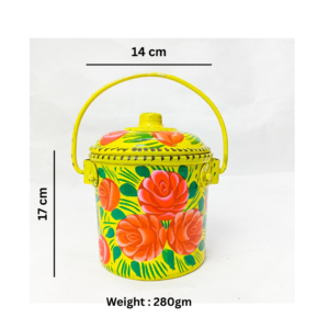 Traditional Art Yellow Milk Bucket (Size : 17cm x 14cm), Pakistani Truck Art Shiny Yellow, Lid Tight Bucket, Hand Crafted Peacock Design Yellow Bucket, Best Gift for Decoration