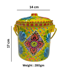 Traditional Truck Art Bucket (Size : 17cm x 14cm), Elegant Yellow With Unique Design, Storage Bucket with Lid, Hand painted Bucket, Best Gift for Your Love ones