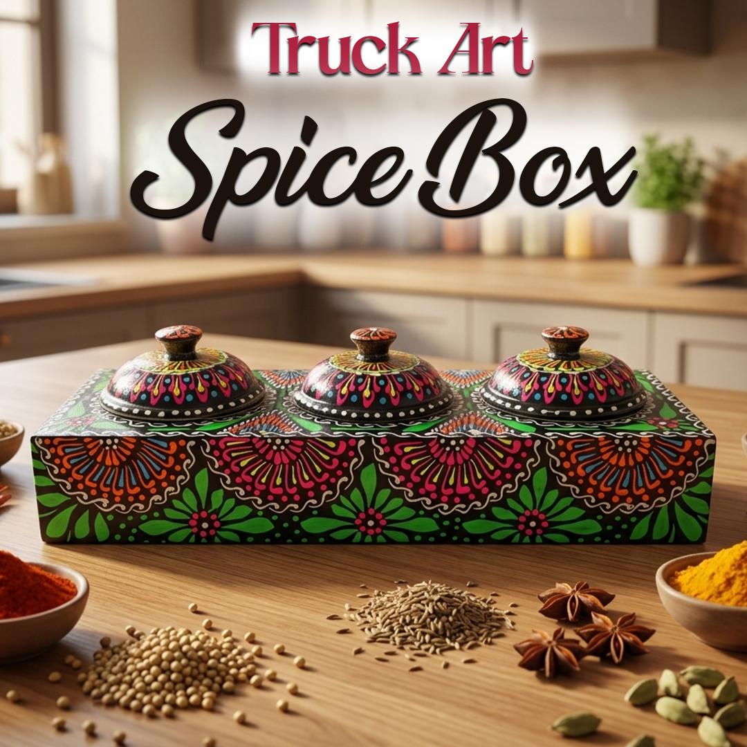 Truck Art 3 Jar Spice Box – Vibrant Wooden Storage Organizer