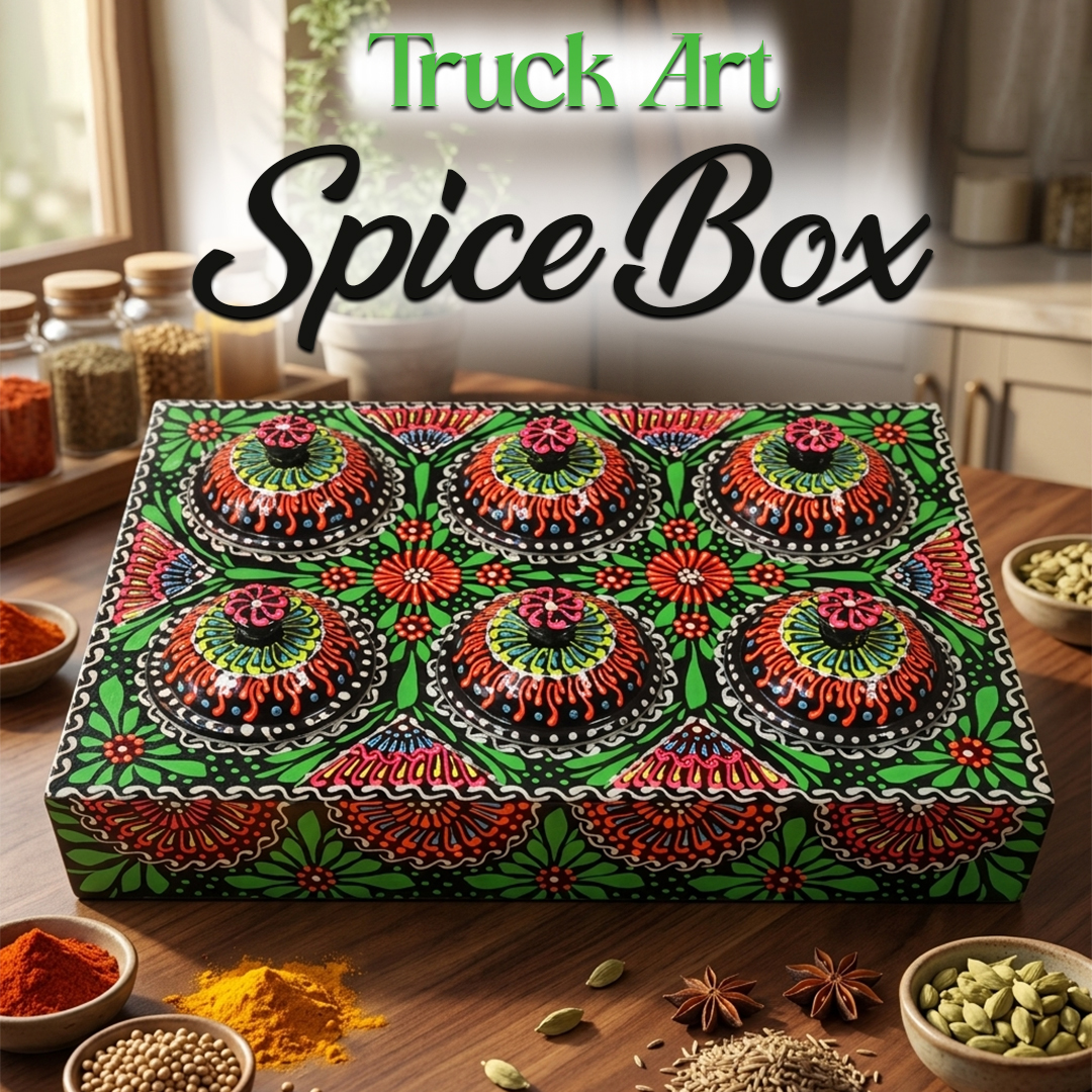 Truck Art 6 Jar Spice Box – Vibrant Wooden Storage Organizer