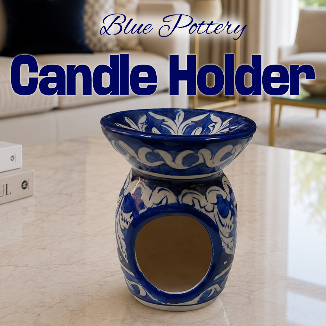 Handcrafted Blue Pottery Candle Holder (9cm × 11.5cm)