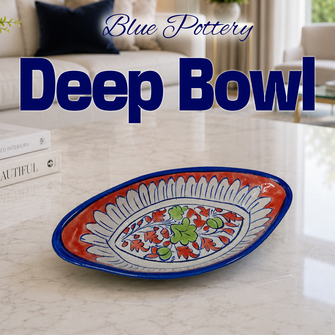 Handcrafted Blue Pottery Deep Bowl (23.5cm × 12cm)