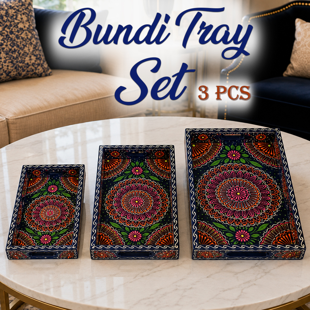 Handcrafted 3-Piece Bundi Tray Set – Decorative Serving & Display Trays