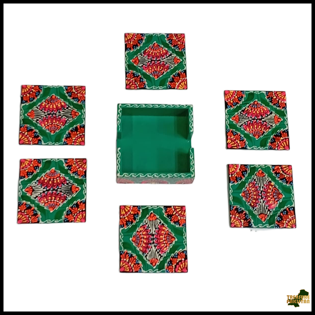 Truck Art Tea Coaster Set of 6 with Holder – Handmade Traditional Pakistani Design