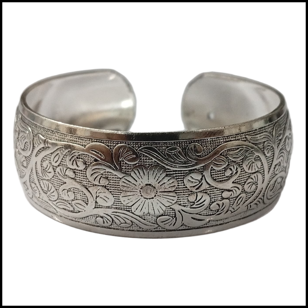 Traditional Handcrafted Floral Engraved Metal Cuff Bracelet - Image 3