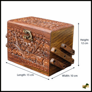 3-Layer Wooden Jewellery Box – Traditional Carved Storage & Organizer (Size: Length-15cm, Width-10cm, Height-12cm)