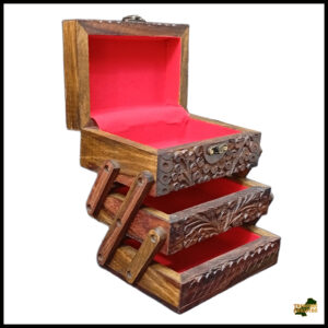3-Layer Wooden Jewellery Box – Traditional Carved Storage & Organizer (Size: Length-15cm, Width-10cm, Height-12cm)