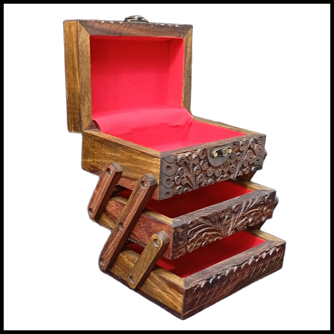 3-Layer Wooden Jewellery Box – Traditional Carved Storage & Organizer (Size: Length-15cm, Width-10cm, Height-12cm) - Image 5
