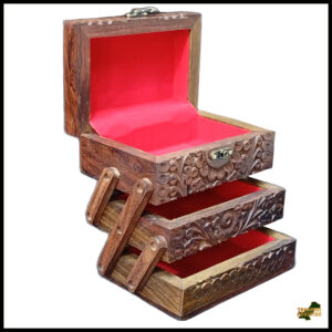 3-Layer Wooden Jewellery Box – Traditional Carved Storage & Organizer (Size: Length-15cm, Width-10cm, Height-12cm)