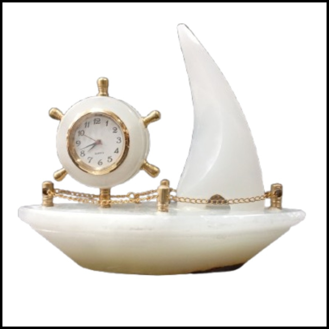 Handcrafted Onyx Marble Ship with Clock Size: 15cm - Image 3