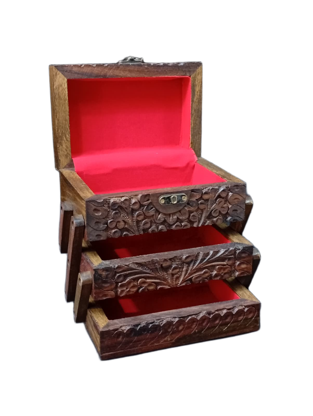 3-Layer Wooden Jewellery Box – Traditional Carved Storage & Organizer (Size: Length-15cm, Width-10cm, Height-12cm) - Image 12