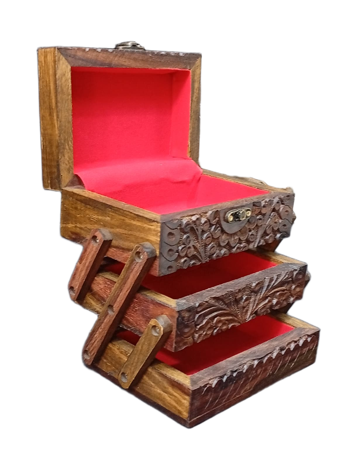 3-Layer Wooden Jewellery Box – Traditional Carved Storage & Organizer (Size: Length-15cm, Width-10cm, Height-12cm) - Image 13