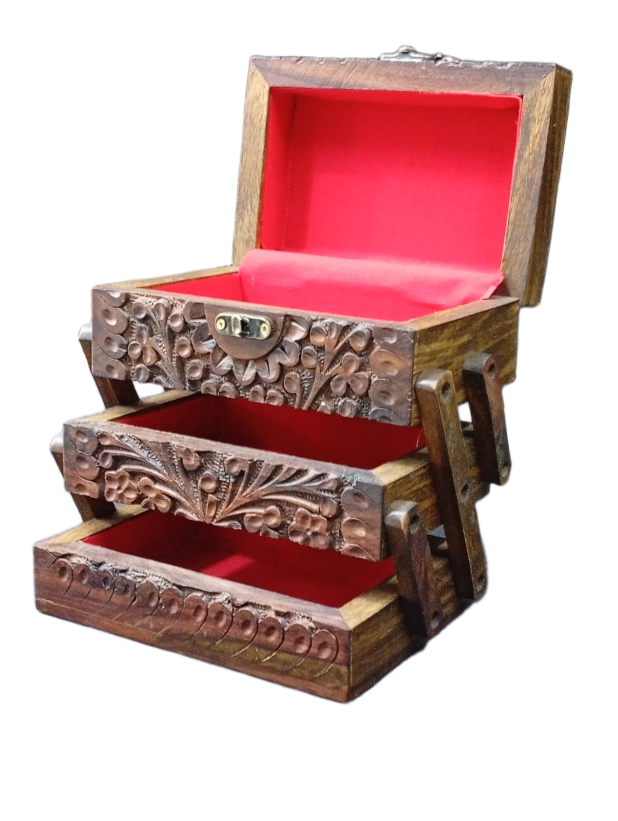 3-Layer Wooden Jewellery Box – Traditional Carved Storage & Organizer (Size: Length-15cm, Width-10cm, Height-12cm) - Image 16