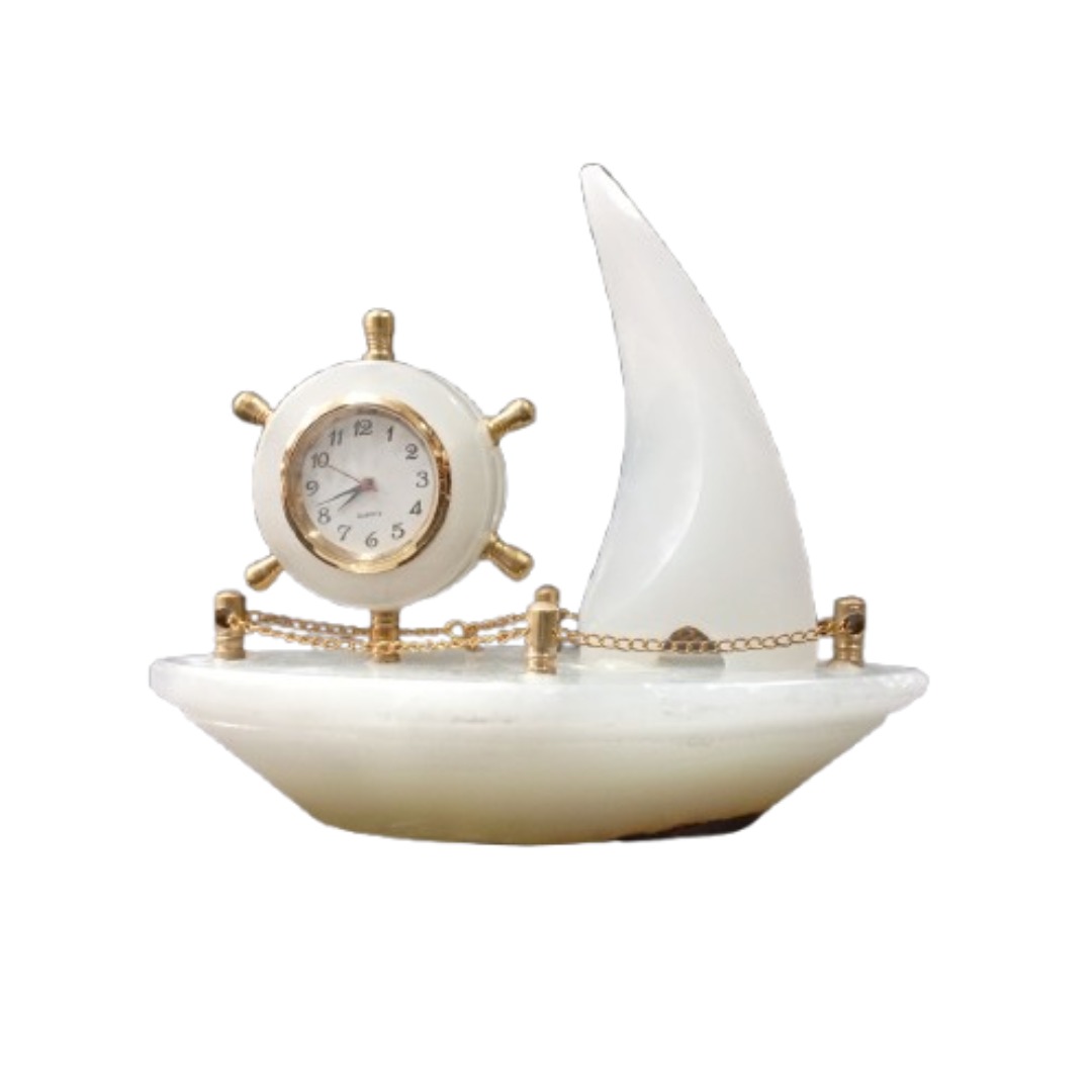 Handcrafted Onyx Marble Ship with Clock Size: 15cm - Image 4