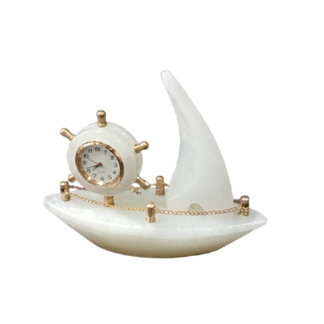Handcrafted Onyx Marble Ship with Clock Size: 15cm - Image 5