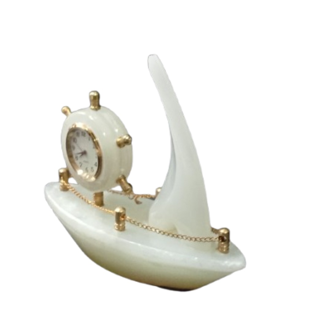 Handcrafted Onyx Marble Ship with Clock Size: 15cm - Image 6