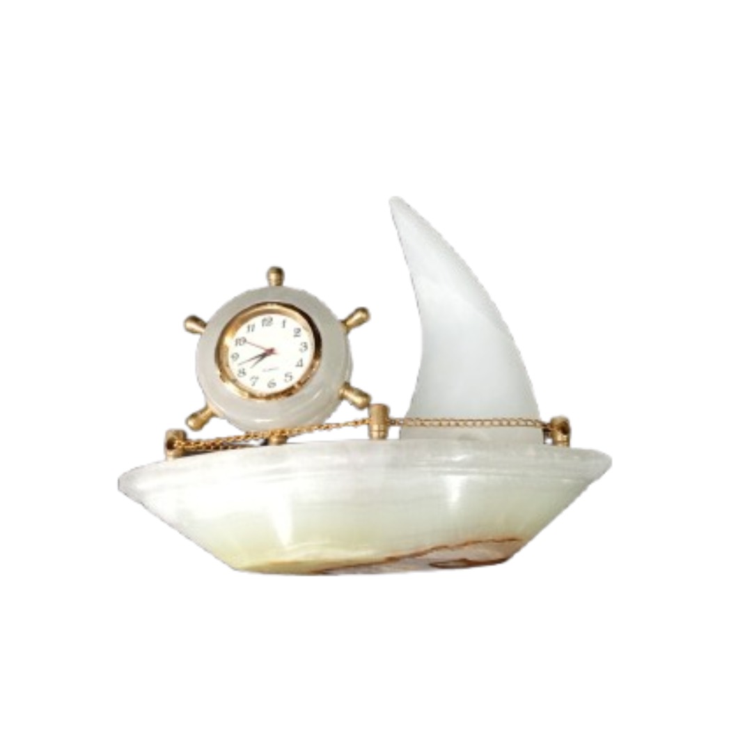 Handcrafted Onyx Marble Ship with Clock Size: 15cm - Image 7